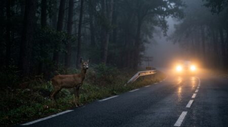 Chevreuil au bord d'une route brumeuse au crépuscule