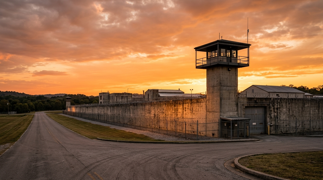 Prison du Tennessee au coucher du soleil, murs et barbelés