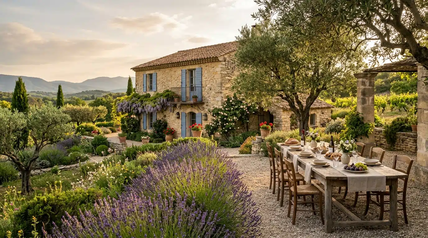Maison en pierre provençale avec oliviers, lavande et grande table de famille dressée dans le jardin