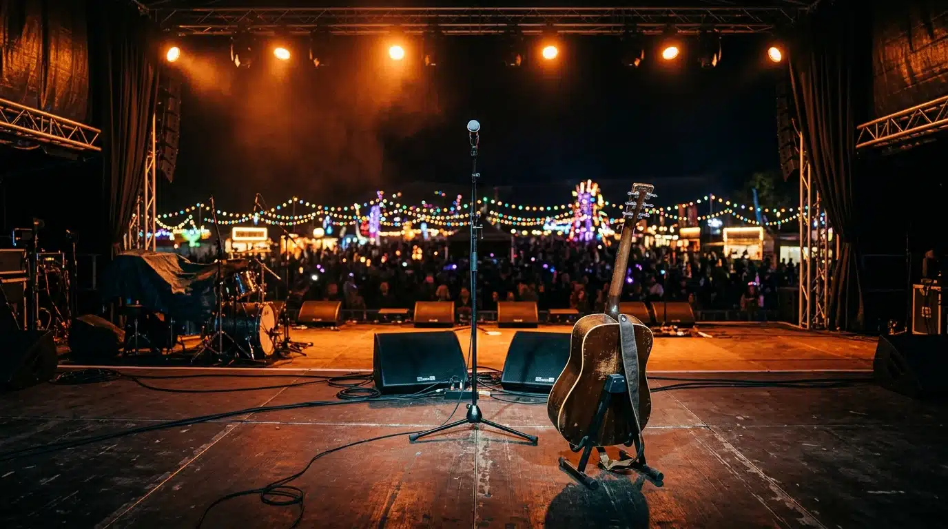Scène de concert baignée de lumière orange avec micro et guitare