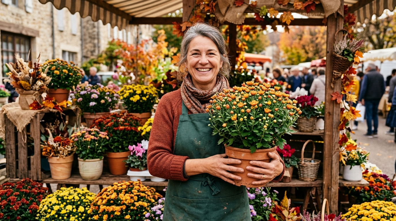 Fleuriste tenant un chrysanthème aux boutons à demi ouverts
