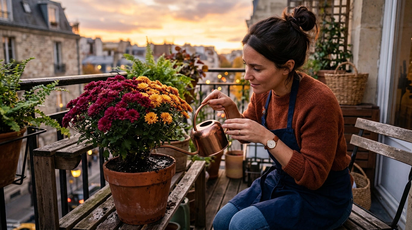 Arrosage d'un chrysanthème au pied sur un balcon