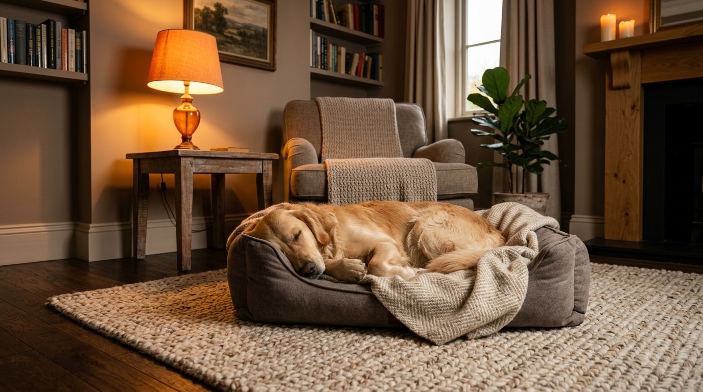 Panier de chien surélevé près du canapé, couverture chaude