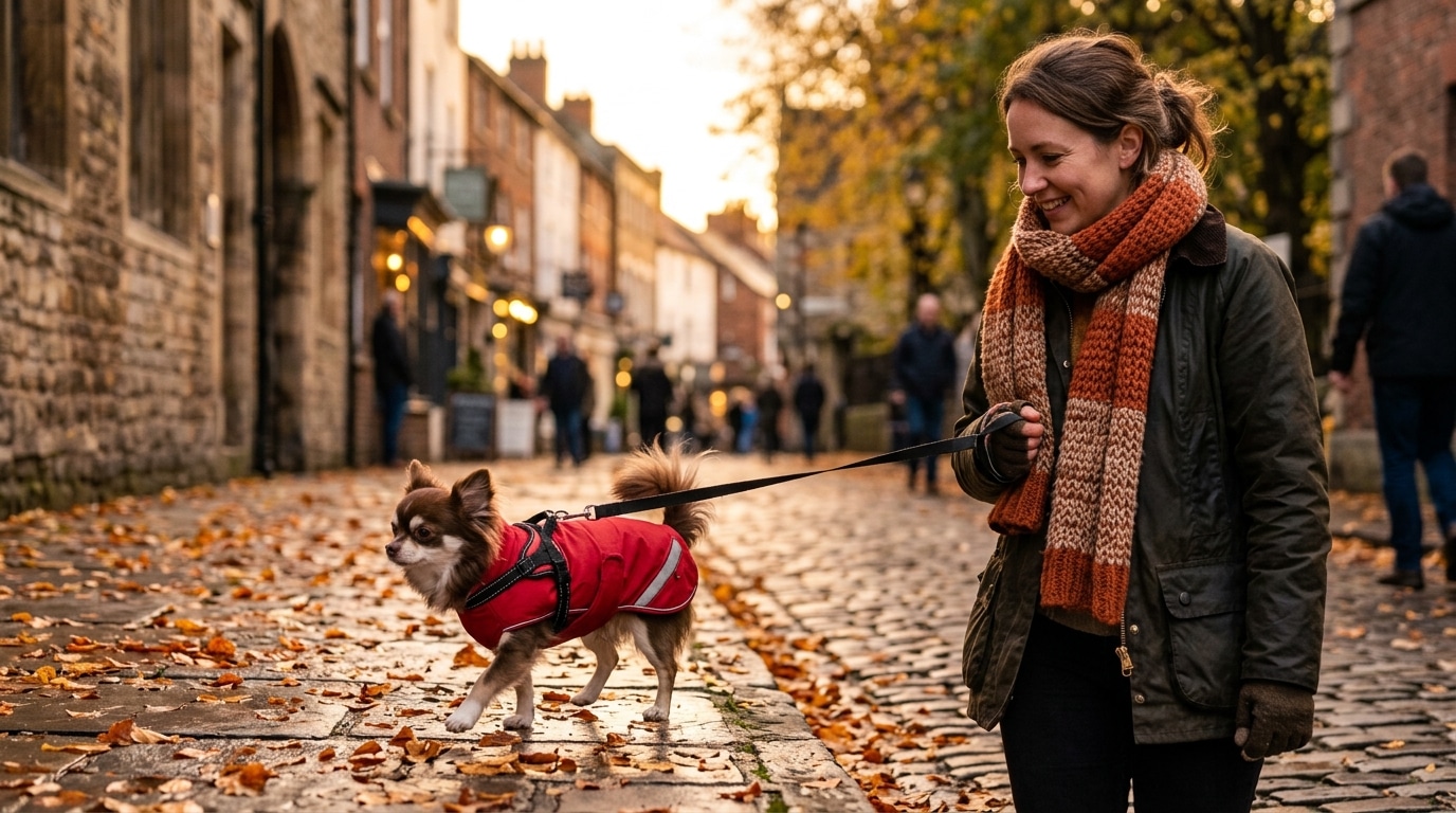 Chihuahua en manteau rouge pendant la promenade