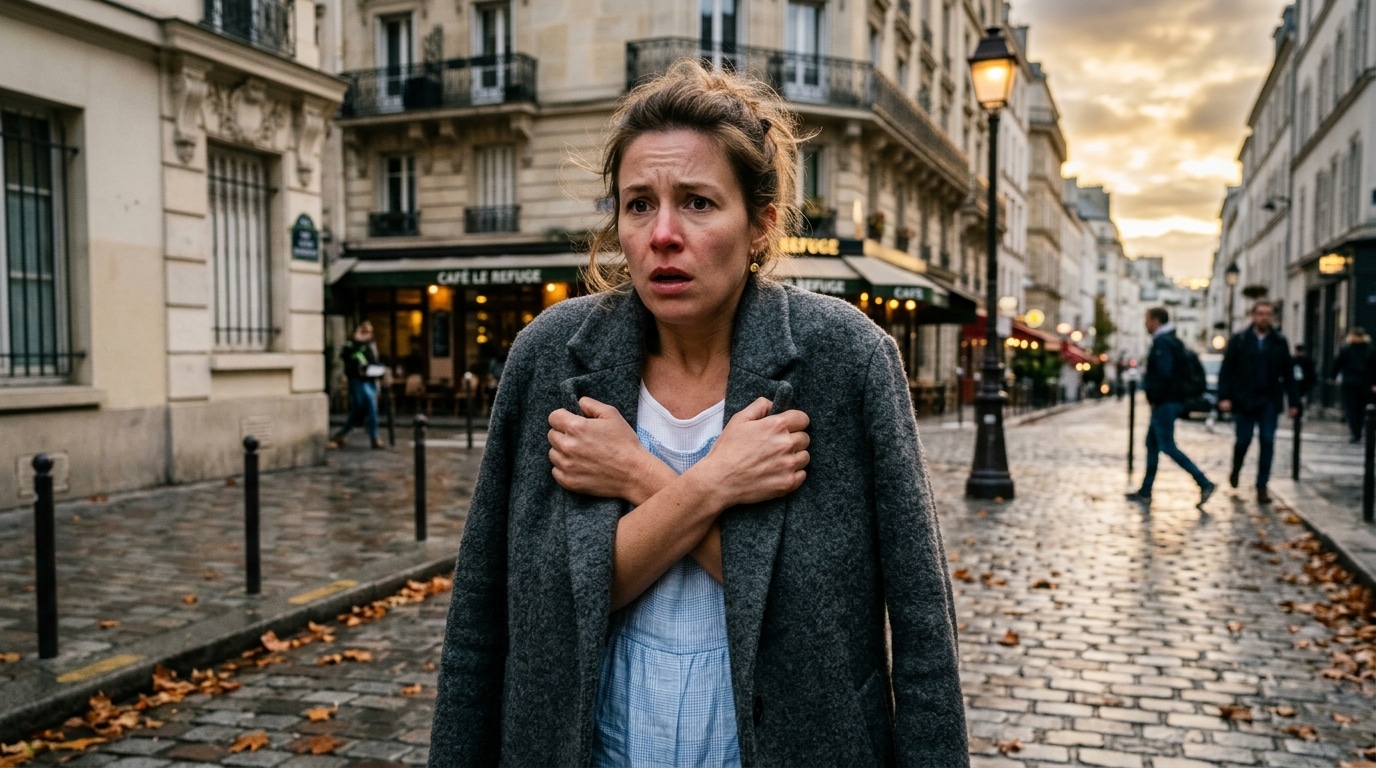 Passant frissonnant dans un manteau sur une rue matinale