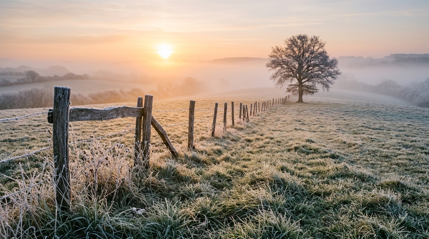 Gelée blanche sur herbe et clôture en campagne