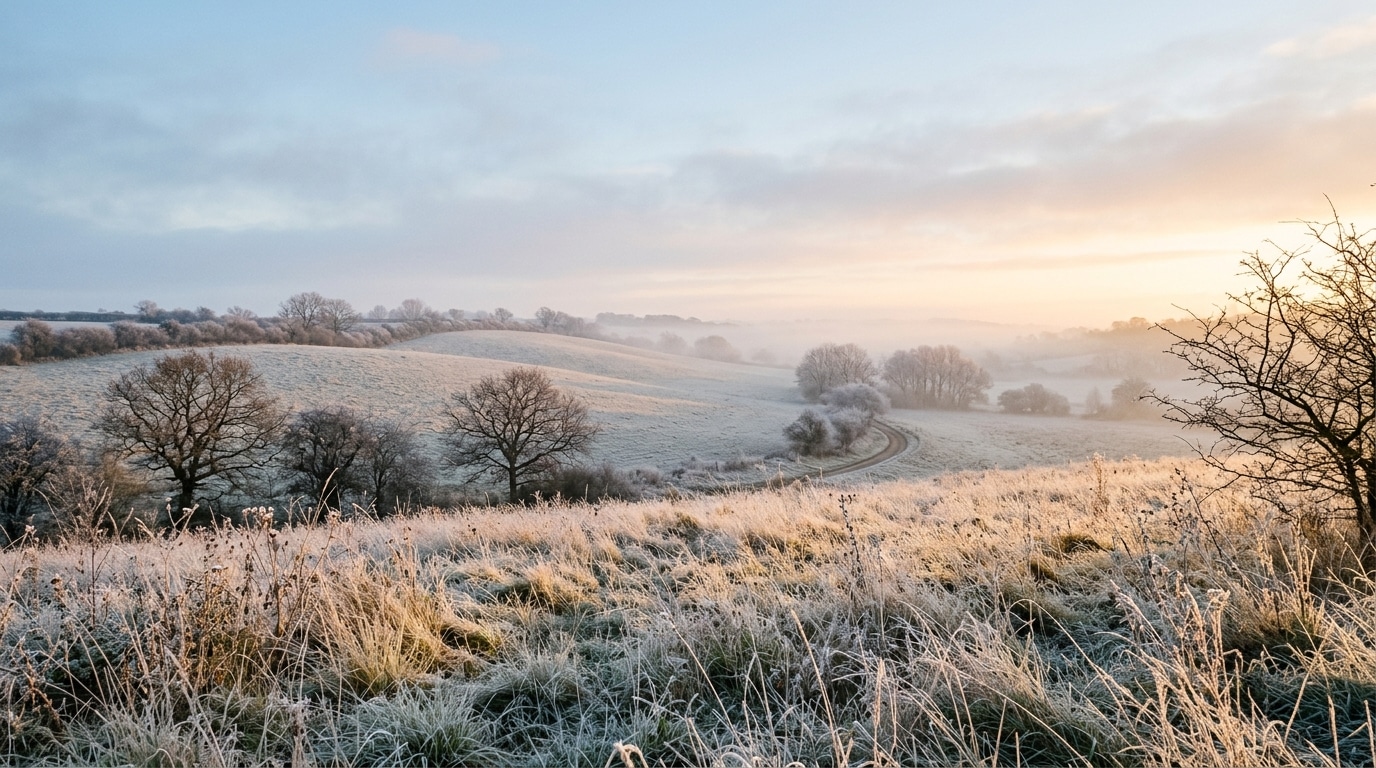 Champ de campagne couvert de gelée blanche à l'aube