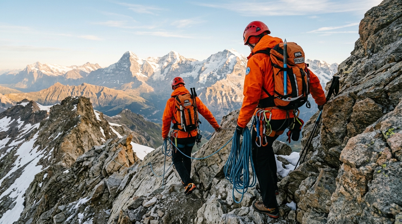 Secouristes en veste orange grimpant une pente de montagne