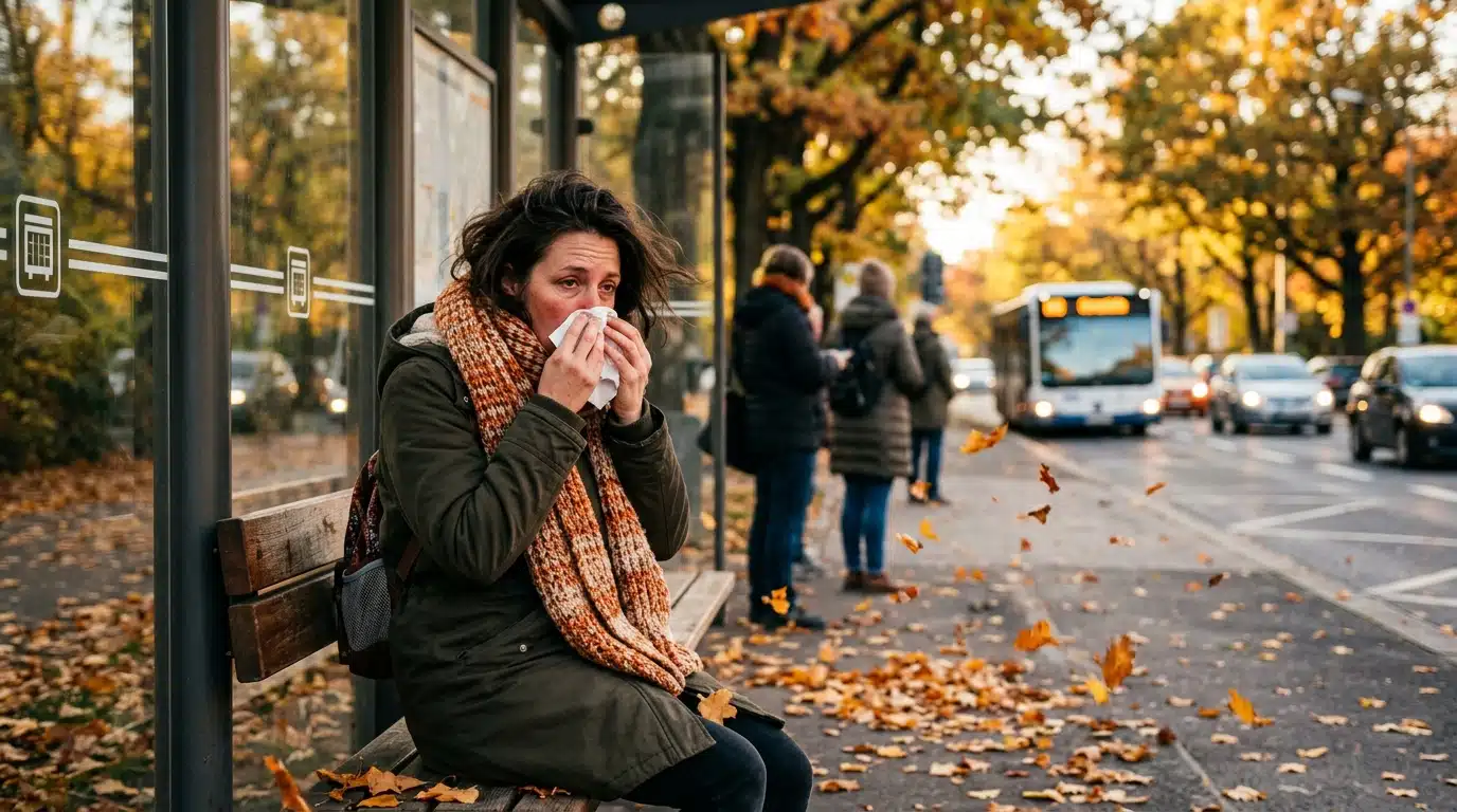 Femme enrhumée avec écharpe à un arrêt de bus en automne