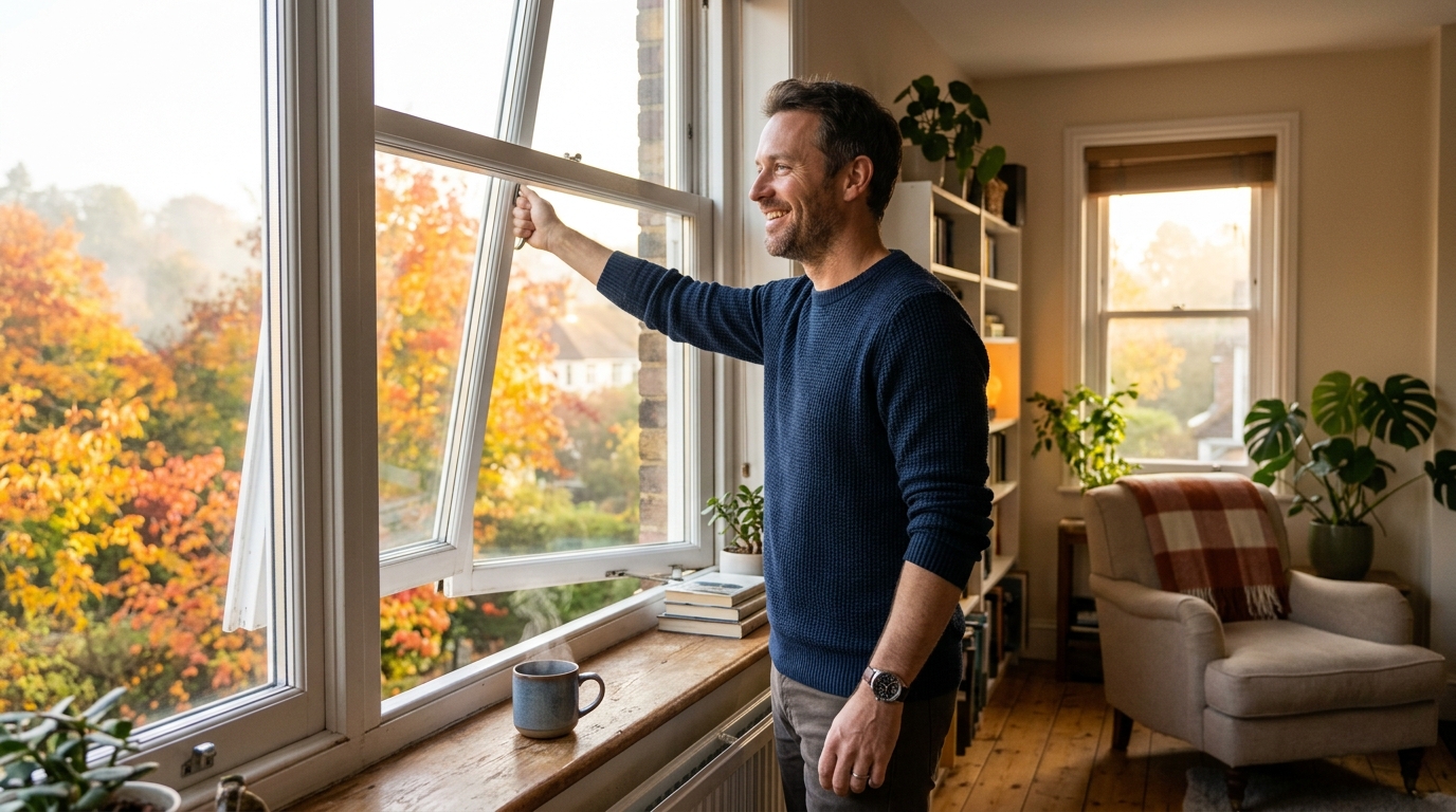 Homme aérant son salon par la fenêtre un matin frais