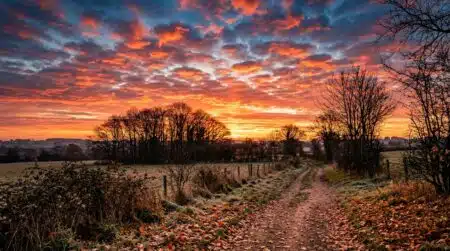 Ciel rouge et orange au lever du soleil en automne