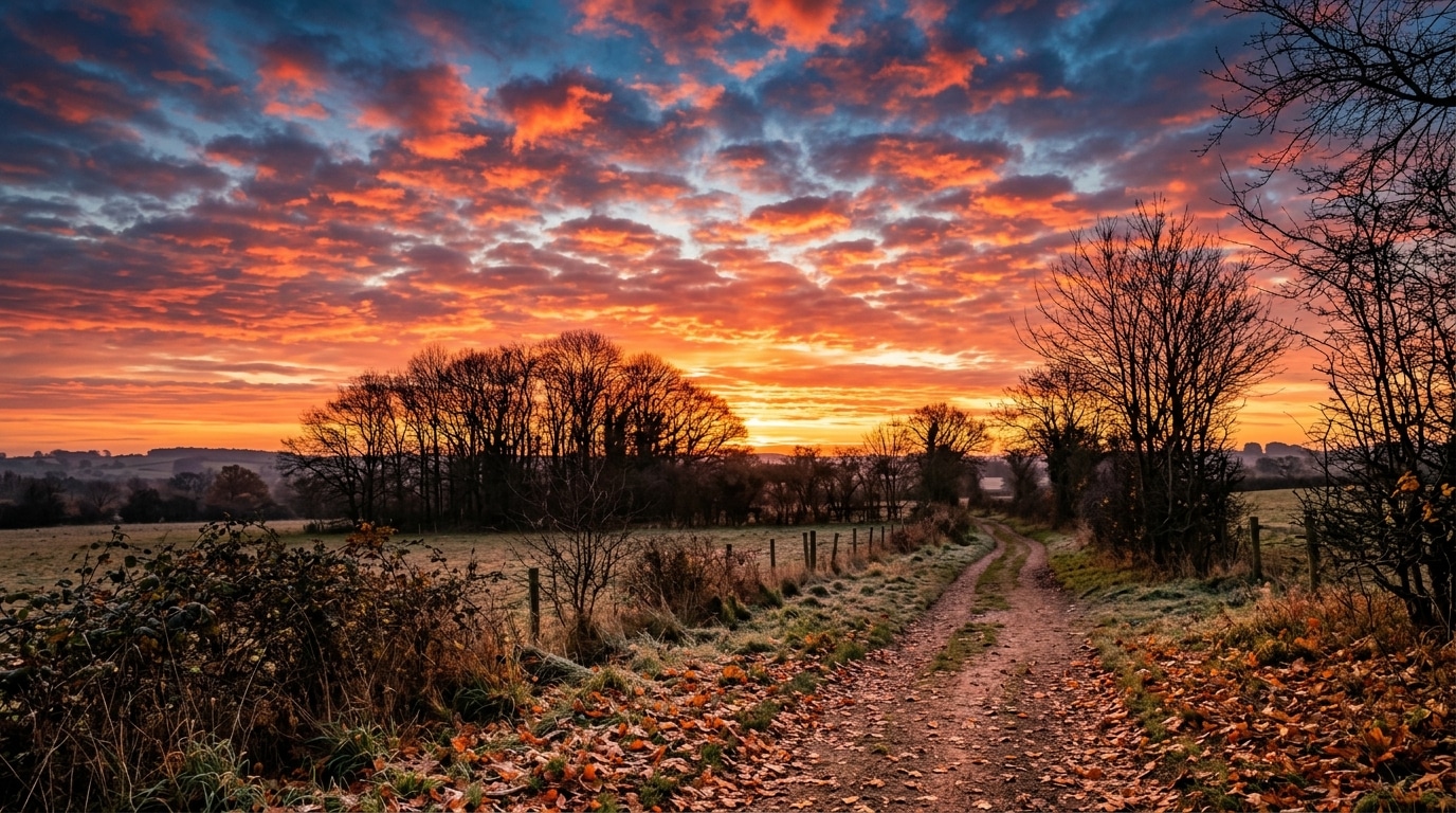 Ciel rouge et orange au lever du soleil en automne
