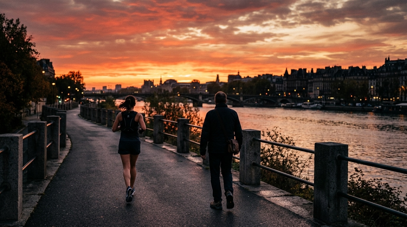 Silhouettes de marcheurs sur un chemin face à une aube rougeoyante