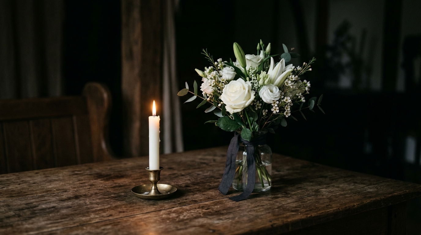 Une bougie et des fleurs blanches en hommage, alors que la famille traverse un deuil insoutenable