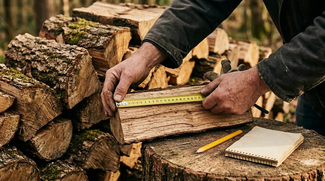 Mains mesurant un empilement de bûches avec un mètre
