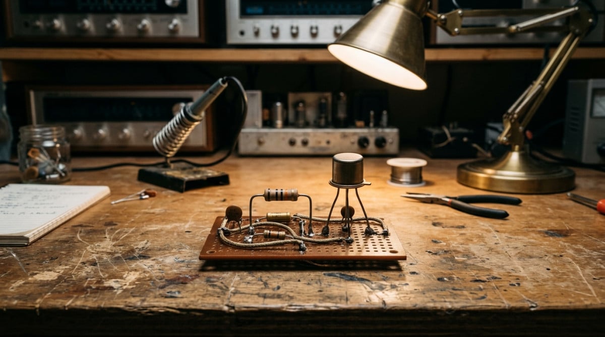 Circuit électronique des années 1950 avec une résistance sur un établi