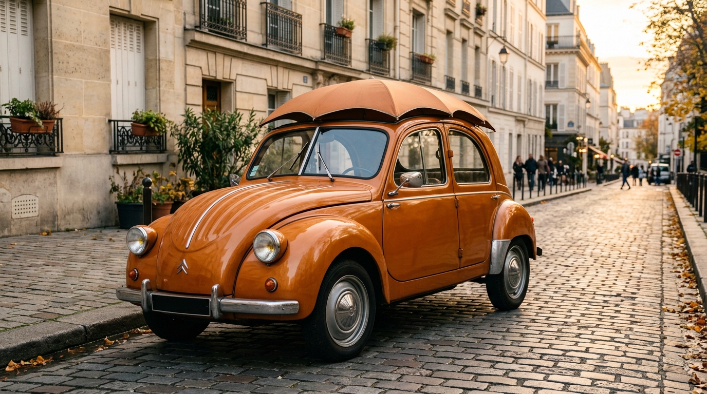 Petite citadine électrique orange rétro garée dans une rue parisienne