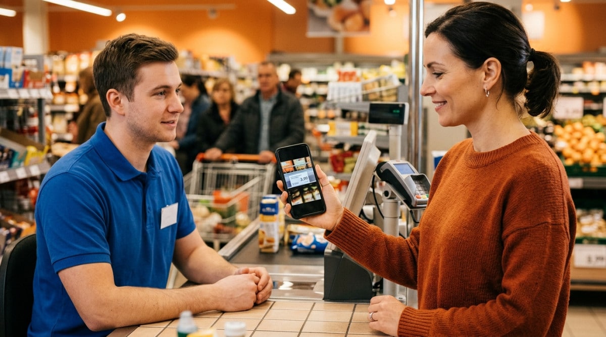 Client montrant la photo d'une étiquette à la caissière