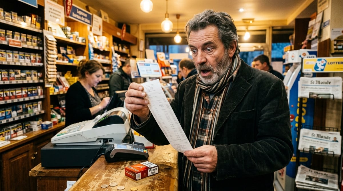 Client surpris devant le ticket de caisse d'un bureau de tabac