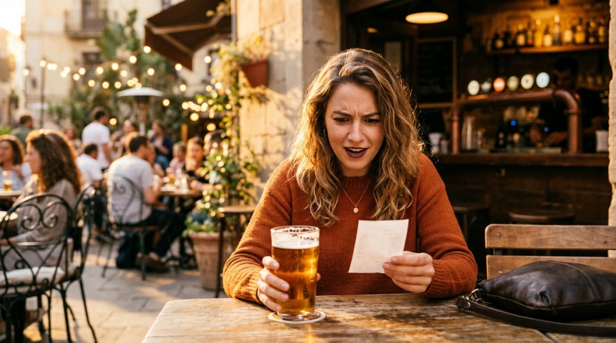 Client surpris devant sa pinte en terrasse