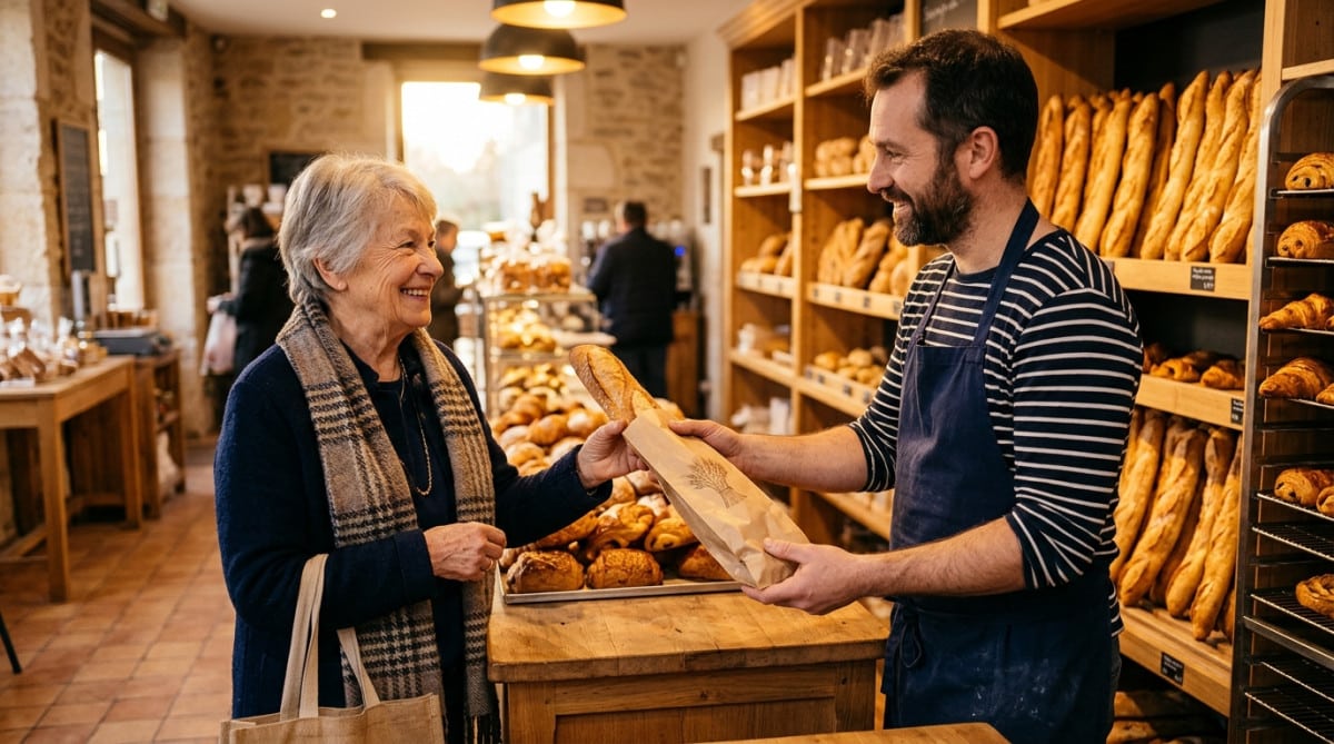 Cliente achetant une baguette dans une boulangerie moderne