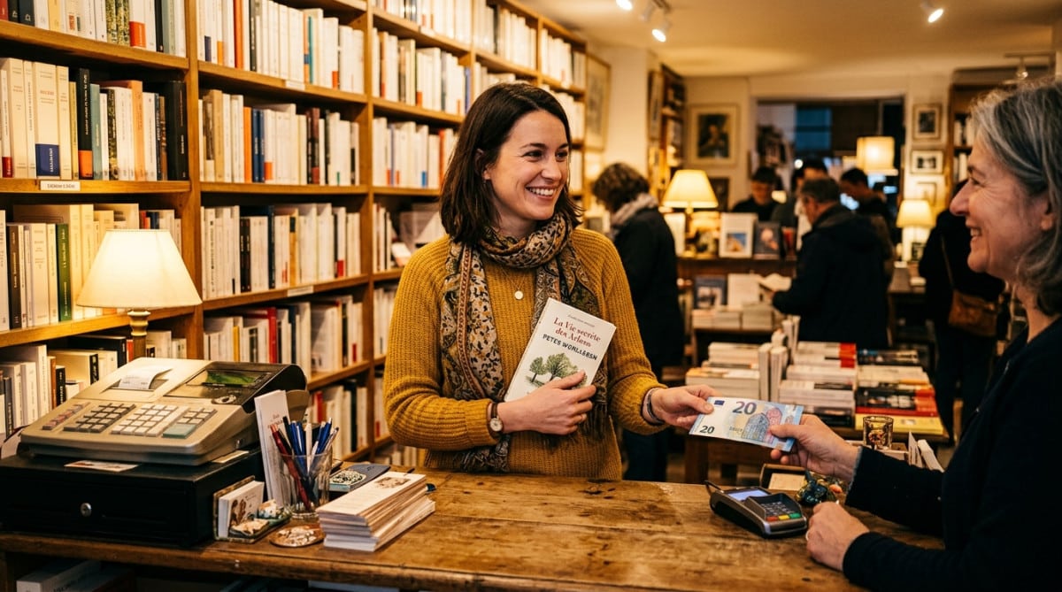 Cliente avec un roman à la caisse d'une librairie