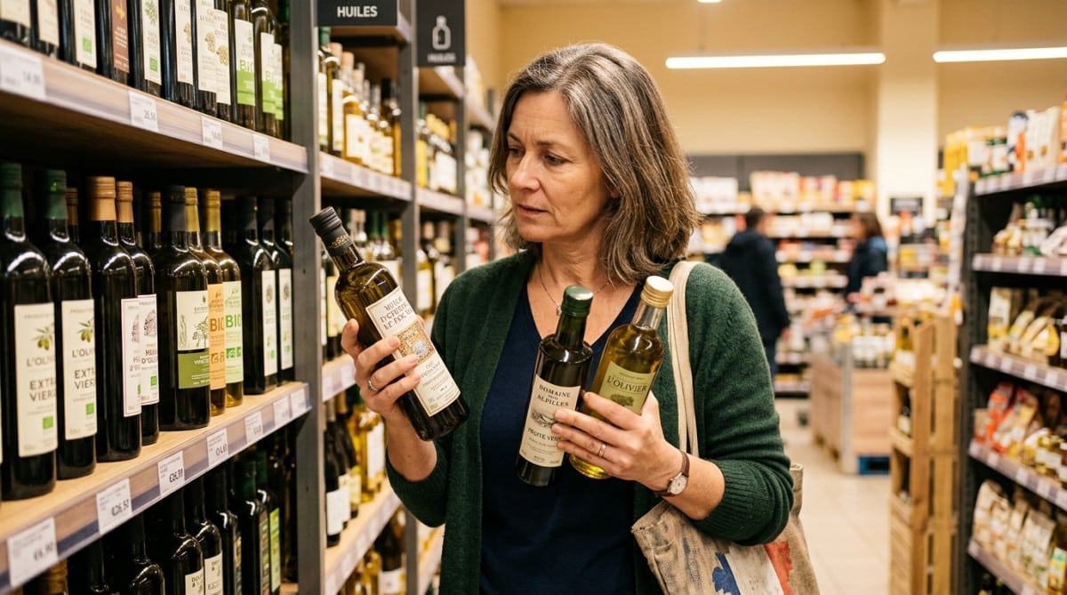 Cliente comparant trois bouteilles d'huile d'olive au supermarché