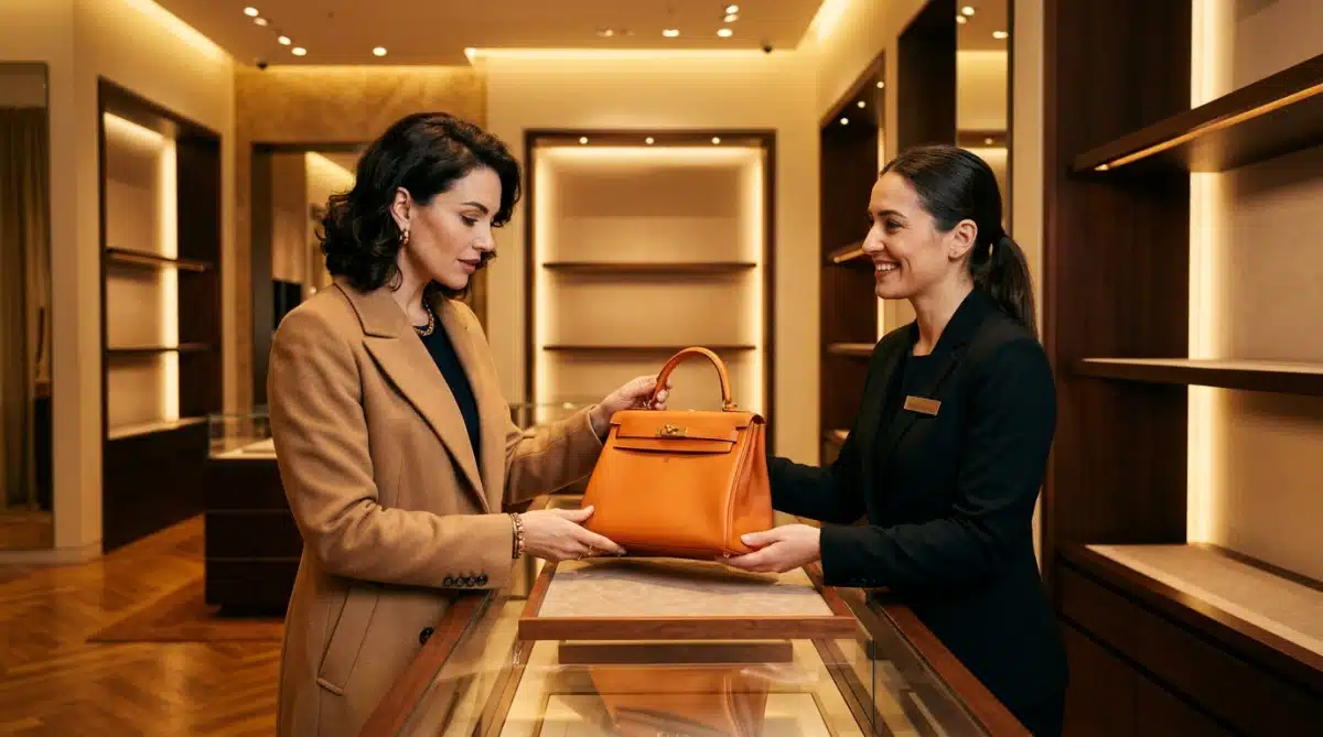 Cliente de boutique de luxe devant un sac orange unique