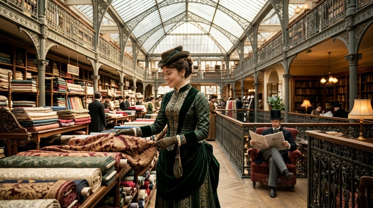 Cliente flânant dans un grand magasin du XIXe siècle