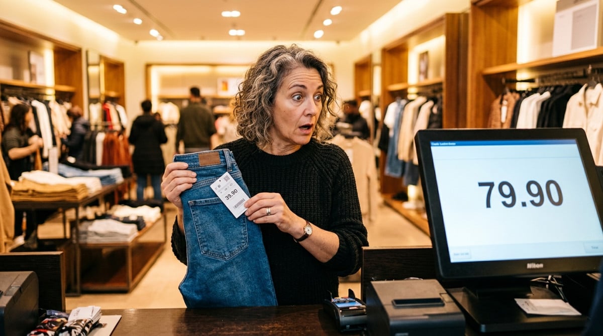 Cliente surprise devant un prix de caisse supérieur à l'étiquette