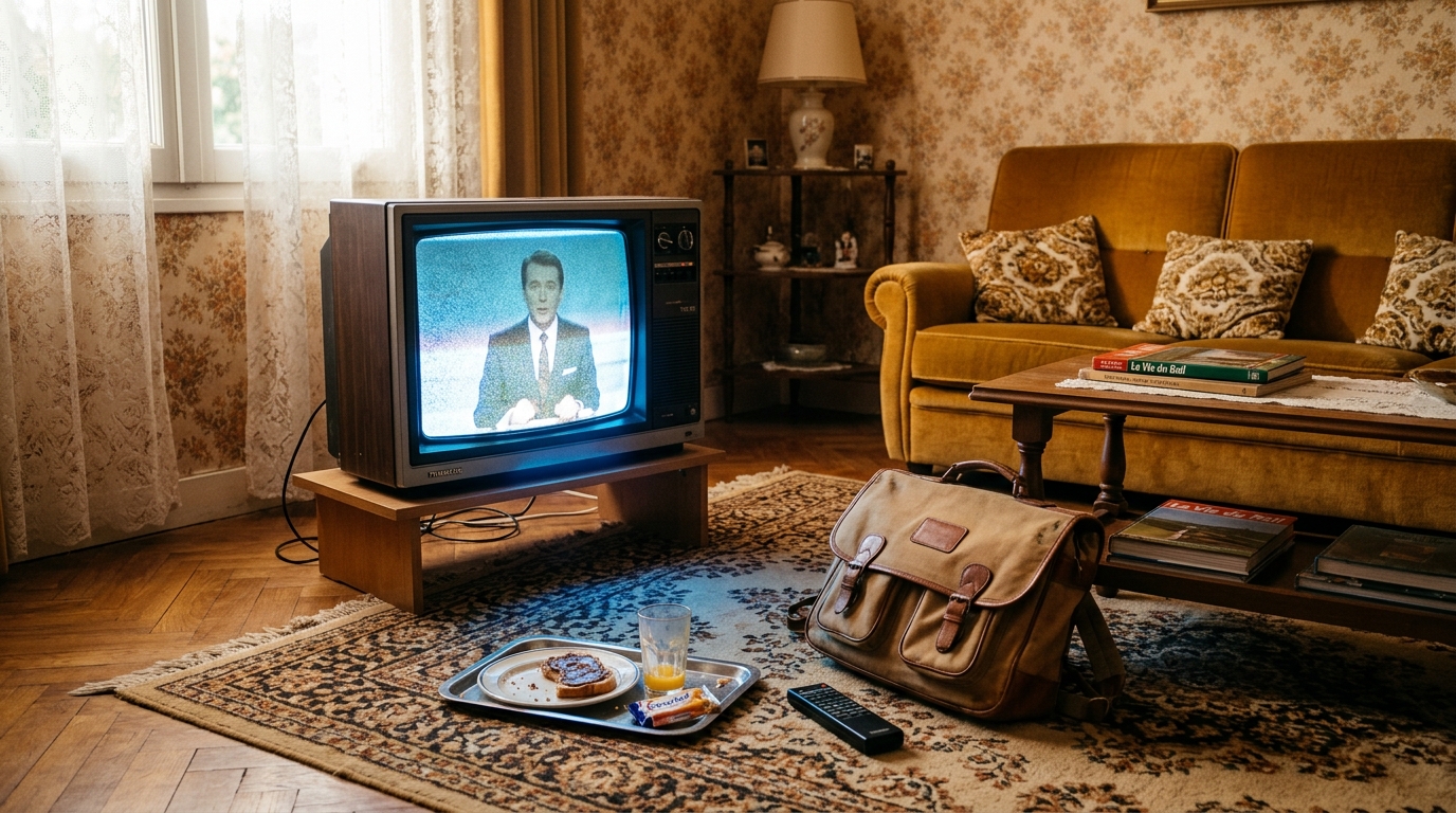Salon des années 80 avec un vieux téléviseur, un cartable jeté au sol et un goûter