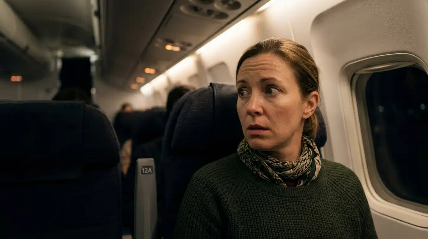 Passager inquiet dans une cabine d’avion plongée dans la pénombre