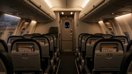 Porte du cockpit fermée au bout d’une allée d’avion vide