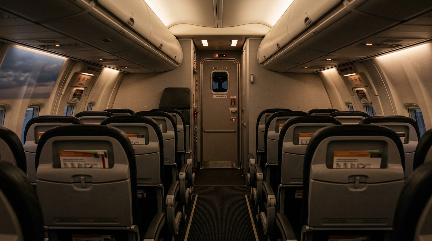 Porte du cockpit fermée au bout d’une allée d’avion vide