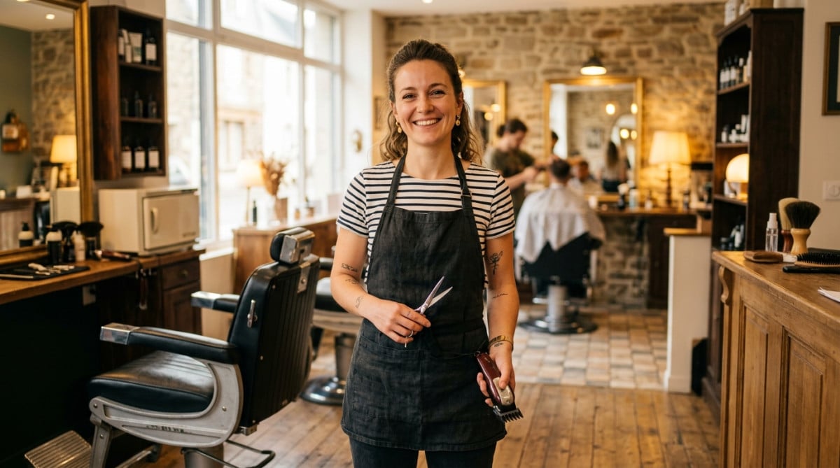 Coiffeuse-barbière souriante dans son salon à Brest