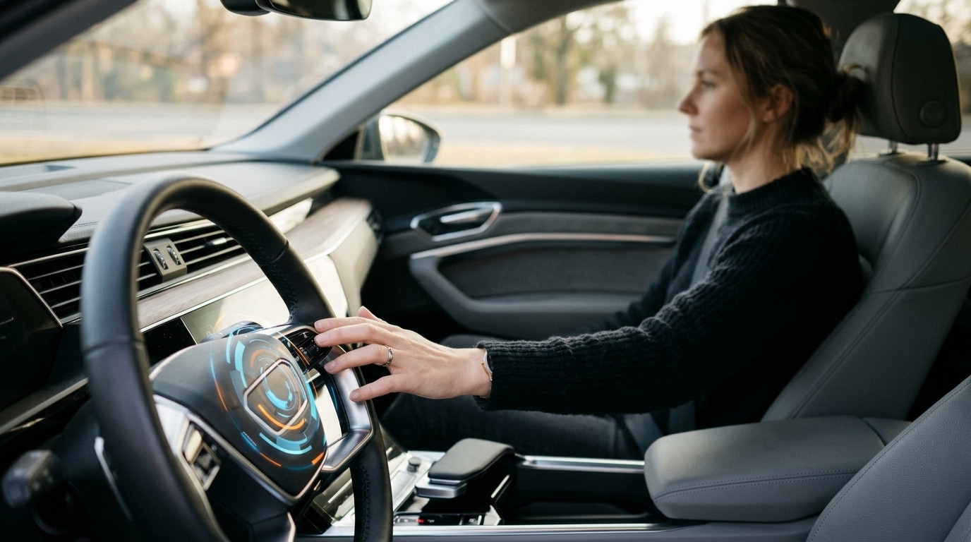 Main sur l'écran tactile central d'une voiture électrique