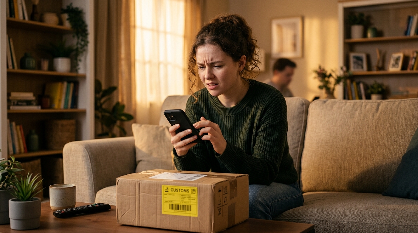 Femme perplexe devant un colis avec étiquette douanière