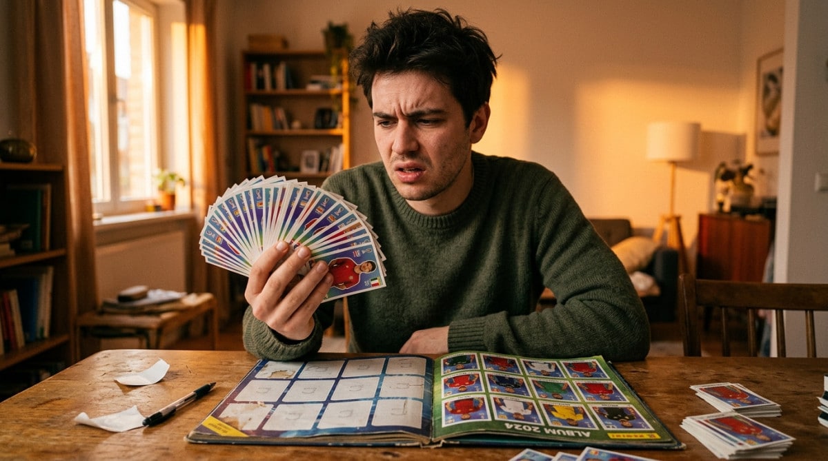 Collectionneur découragé devant une pile de doublons