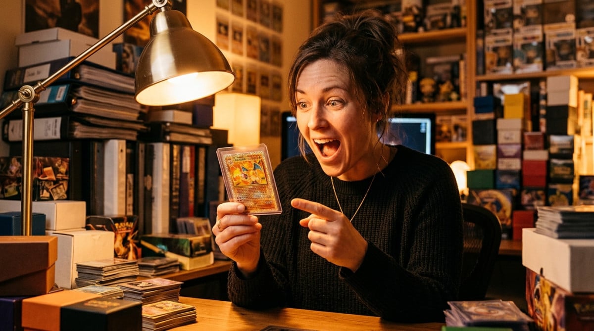 Collectionneuse stupéfaite devant une carte holographique rare