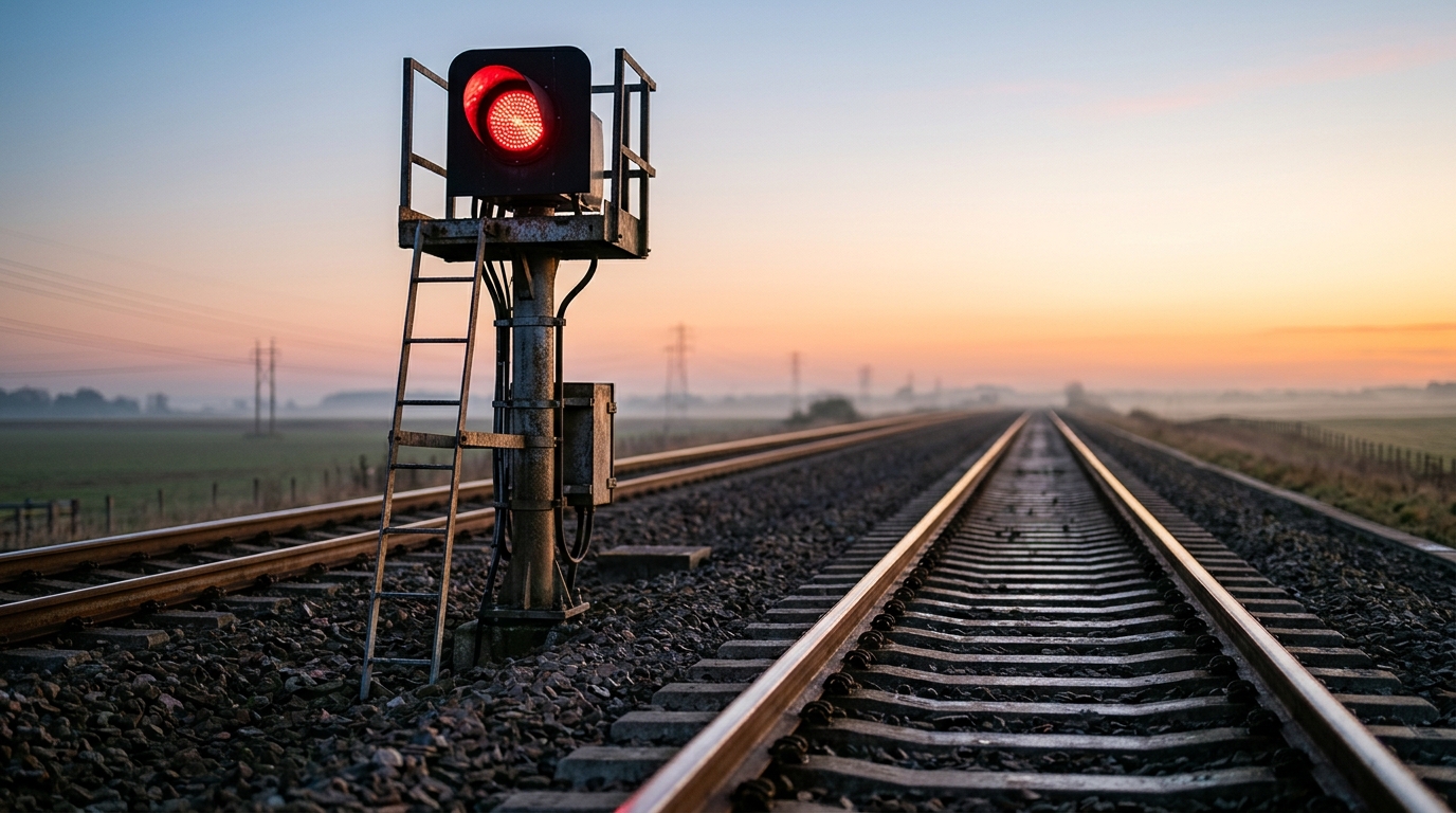 Signal ferroviaire rouge au-dessus de voies vides à l'aube