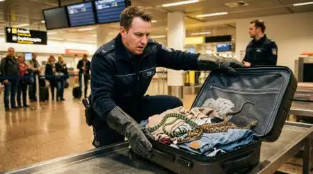 Douanier ouvrant une valise remplie de serpents à Cologne