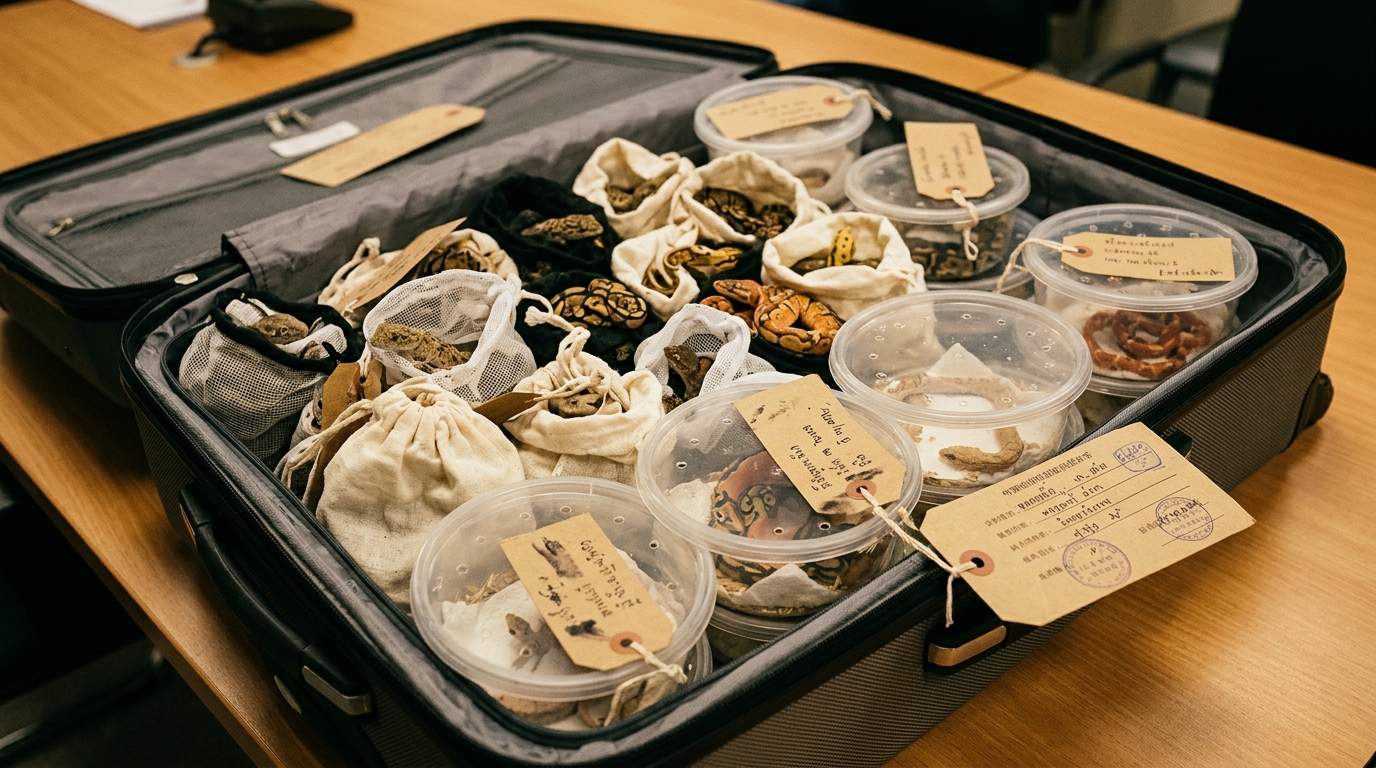 Reptiles saisis dans des sacs et boîtes dans une valise