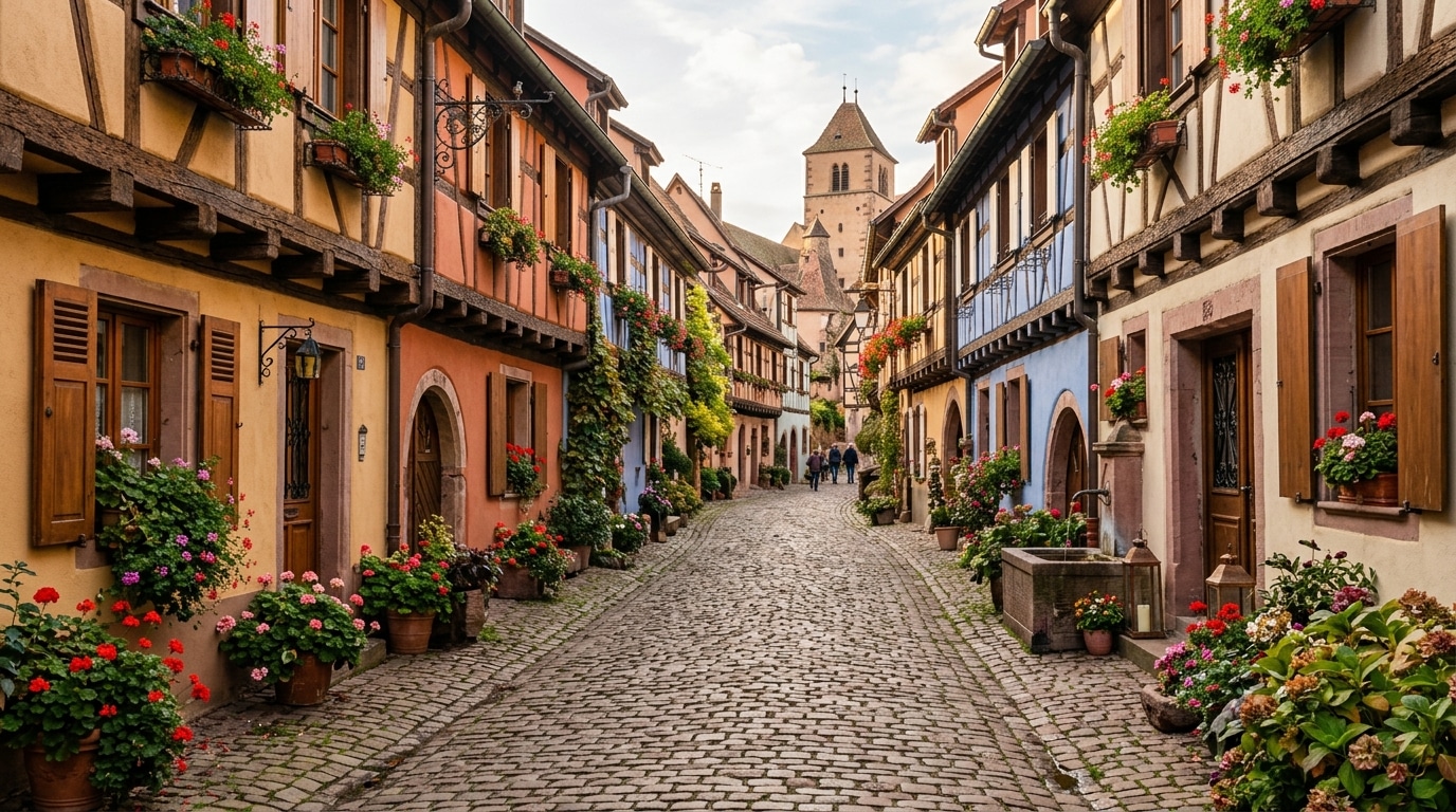 Ruelle pavée bordée de maisons à colombages colorées