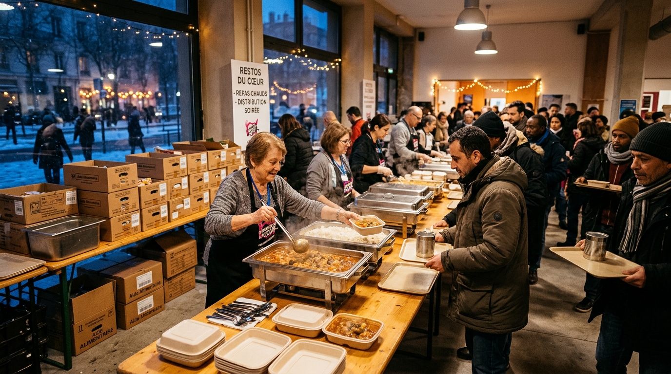 Distribution de repas chauds dans un centre des Restos du cœur en hiver