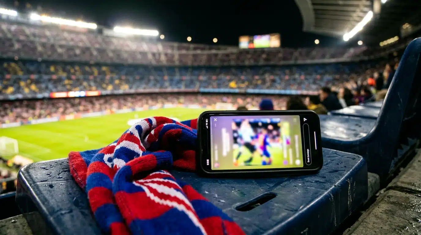 Smartphone affichant une story floue posé devant un stade éclairé