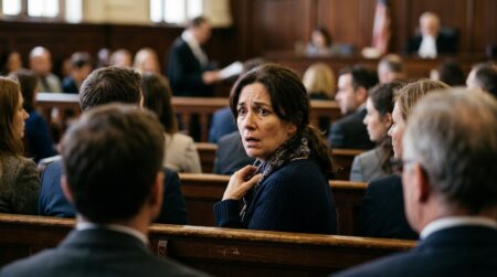 Femme au visage stupéfait dans une salle d'audience