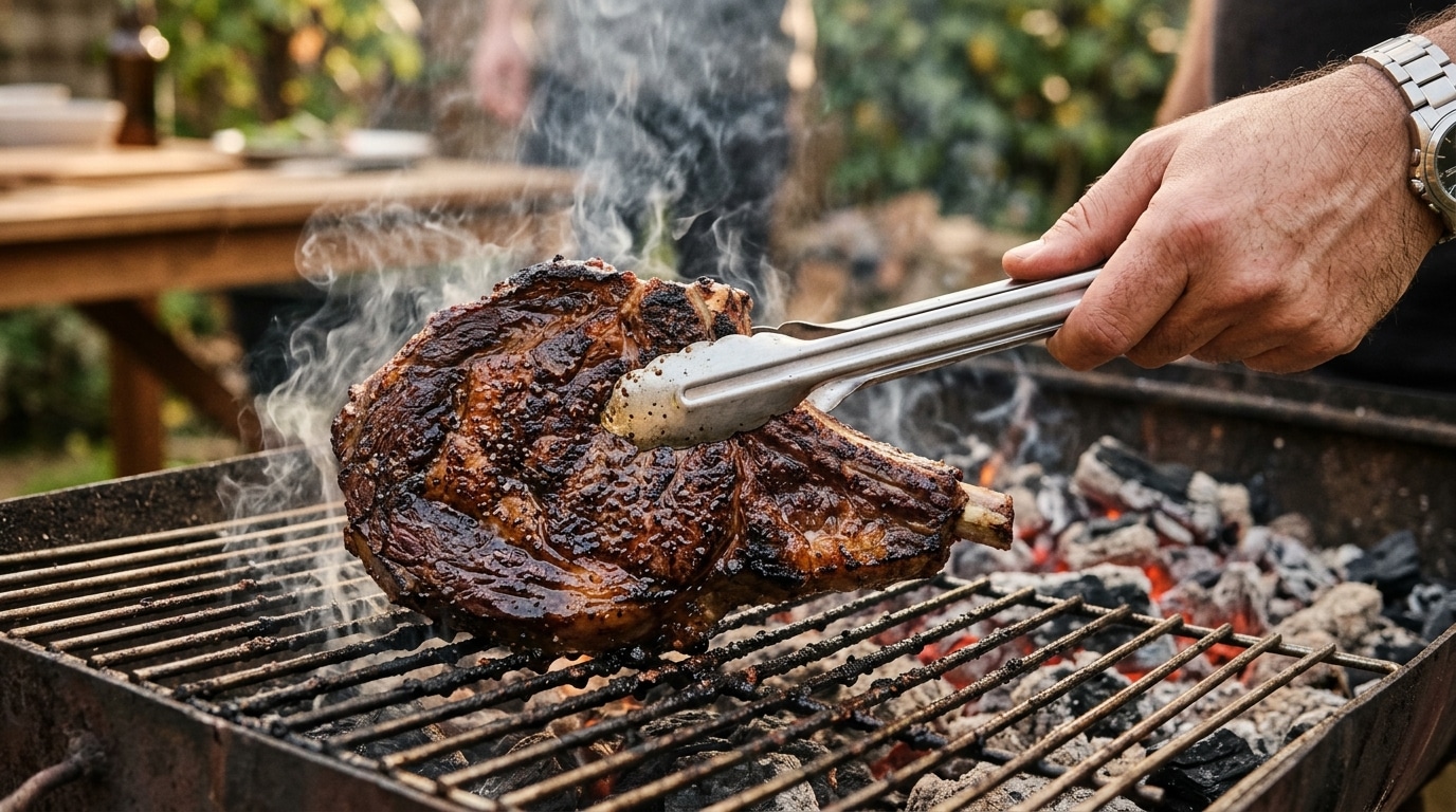 Steak grillant sur un barbecue avec pince