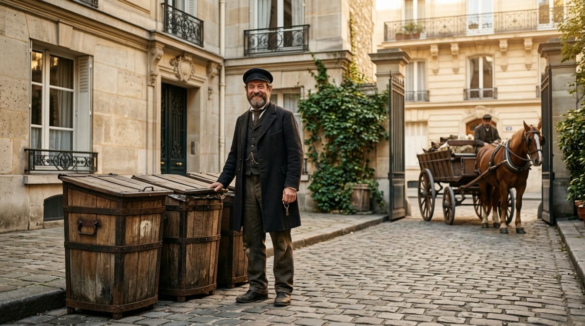 Concierge parisienne devant trois boîtes à ordures en 1884