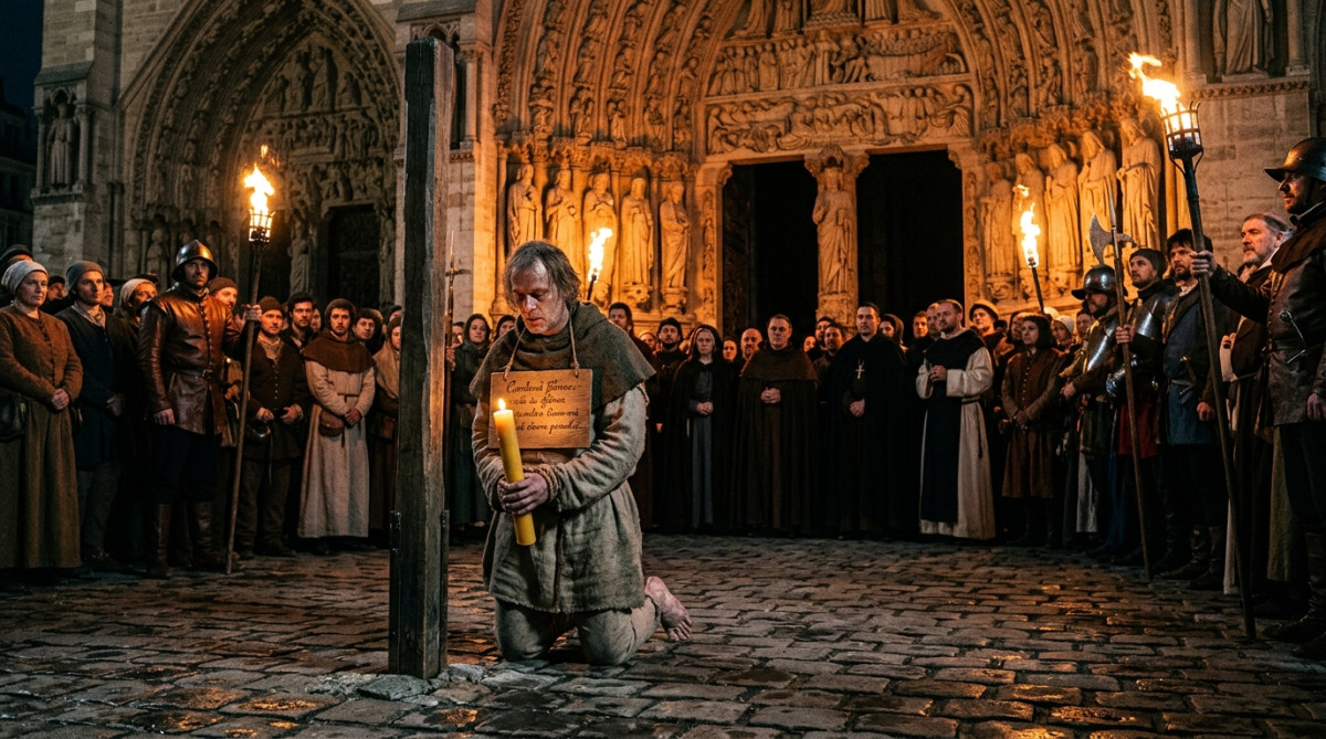 Condamné médiéval agenouillé devant l'échelle de justice de Notre-Dame