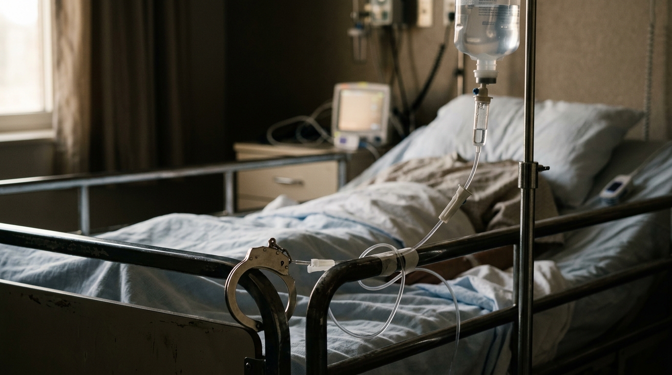 Perfusion et menottes fixées à un lit d'hôpital